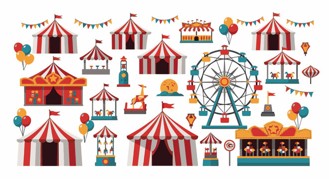 Vibrant carnival background with colorful circus tents, Ferris wheel, and festive bunting flags in a detailed amusement park fairground vector illustration for event design.