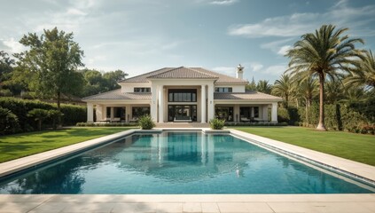 Fototapeta premium Attractive home featuring pool and parking for rental or sale on white backdrop
