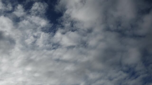 Time lapse of white and gray summer clouds moving across a dark blue sky. The clouds fill the frame.
