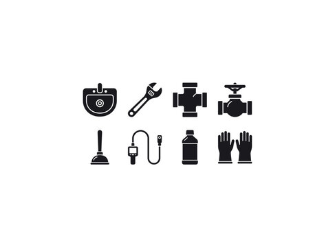 Residential plumbing maintenance. Filled icon set of Residential plumbing maintenance: sink drain, adjustable wrench, pipe connector, water valve, toilet plunger, inspection camera, drain cleaner