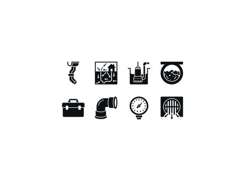 Home water flow systems. Filled icon set of Home water flow systems: gutter pipe, drainage map, sump pump, clogged drain, maintenance toolbox, PVC elbow pipe, water pressure gauge, floor drain. Solid