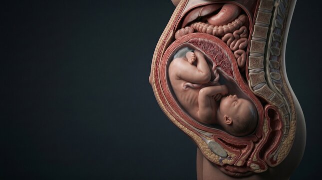 Anatomical cross section revealing a pregnant uterus with a developing fetus inside and surrounding internal organs