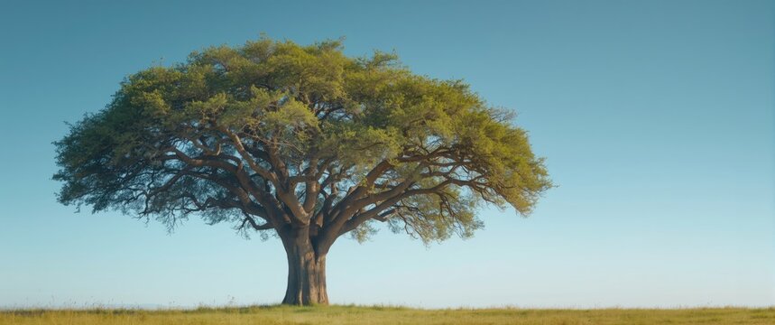 Majestic Marula Tree Against Clear Blue Sky Isolated Landscape, Vibrant Colors, Wide Shot