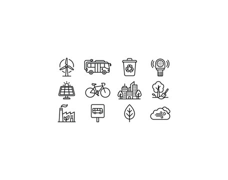 Clean air initiatives. Line outline icon set of Clean air initiatives: wind turbine, electric bus, recycling bin, air quality sensor, solar panel, bicycle, green city skyline, tree planting, eco