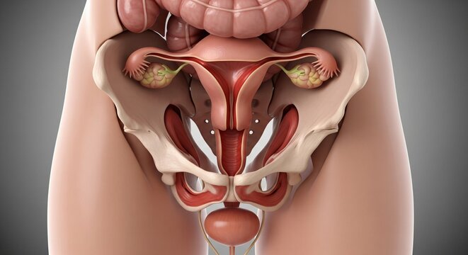 3D rendering of the female reproductive system including ovaries fallopian tubes uterus cervix vagina and bladder