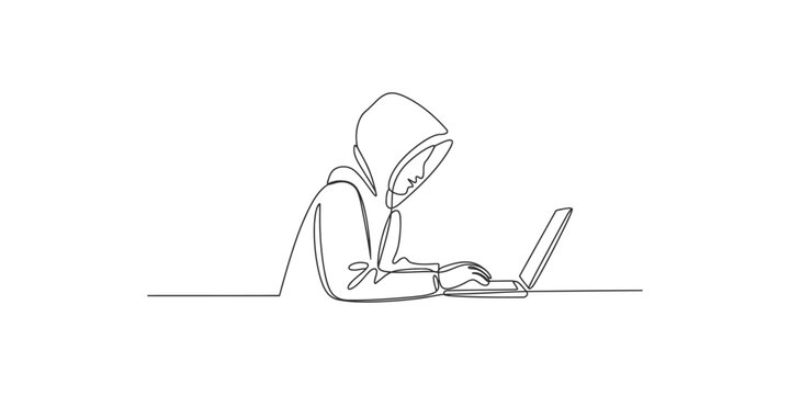 Continuous line drawing of a hooded person sitting and using a laptop computer on a plain white surface in a minimalist style