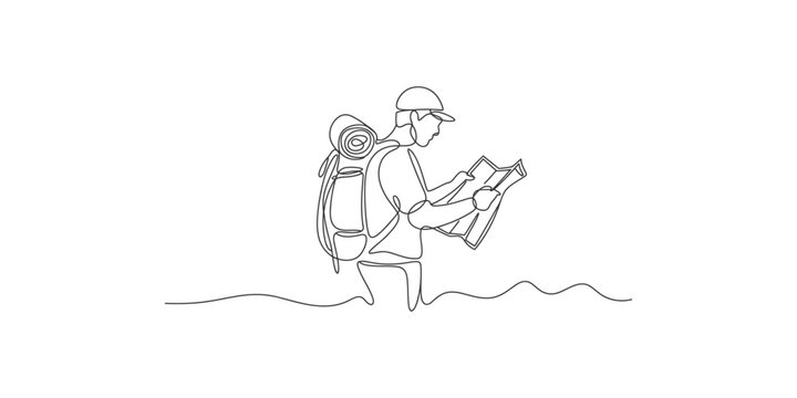 Continuous line drawing of a hiker with a backpack studying a map outdoors