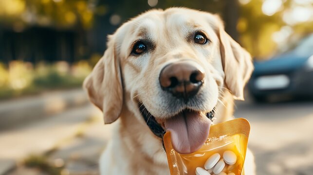 Labrador retriever carrying medication for medical assistance high resolution picture