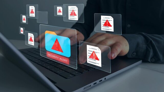  Cyber security alert showing hacked files, folders and documents, system warning and spam threats. Digital data breach concept for online protection and recovery, safety.
