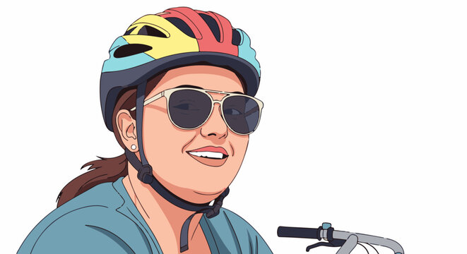 Stylized portrait of a smiling person wearing a helmet and sunglasses on a bicycle
