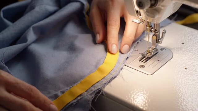 Closeup of a seamstress sewing yellow bias tape onto blue fabric using a sewing machine