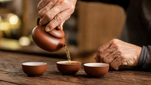 An elderly Chinese tea master pouring traditional gongfu tea in a warm-lit tea house, showcasing authentic cultural lifestyle.