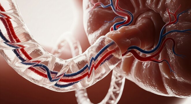Close up 3D render of arteries and veins within human tissue showing circulatory system detail