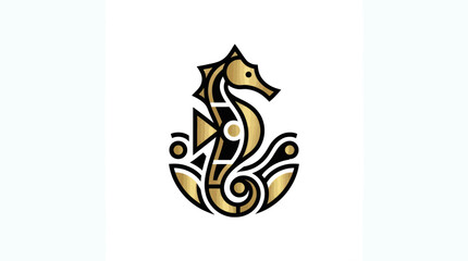 Elegant gold seahorse logo with abstract wave elements, marine life symbol © Arvinpratama