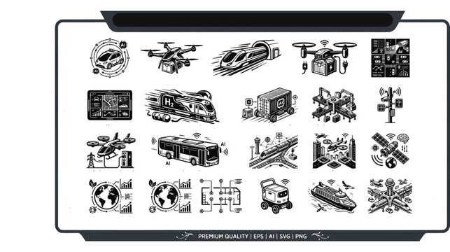 Mobility and Next-Gen Intelligent Transportation Systems Vector Icon Set: Infographic Elements of Autonomous Vehicles HighSpeed Bullet Trains Logistics Delivery Drones Smart Connected Cities 