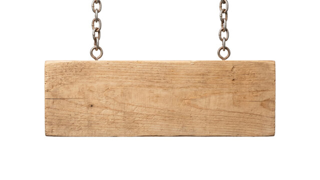 Horizontal blank wooden plaque with metallic chains png isolated on transparent background rectangular texture.