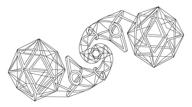 Geometric wireframe structure, abstract design, spiral shape, connected polyhedra