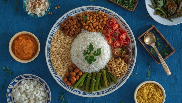 Casado Meal with Rice, Beans, and Vegetables Vibrant Blue Table Setting, Top View