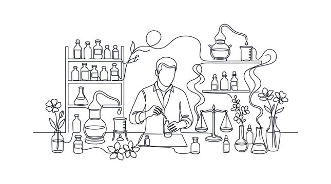 Chemist in laboratory with flasks, bottles, plants and scientific equipment
