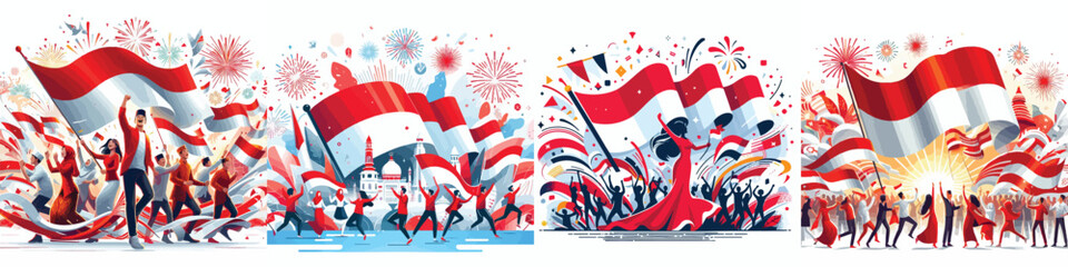 Obraz premium Set of Indonesian Independence Day Vector Illustrations in Dynamic Modern Flat Style on White Background