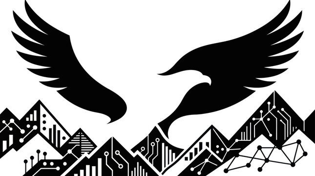 Eagle Silhouette Over Digital Mountains and Circuit Board Landscape