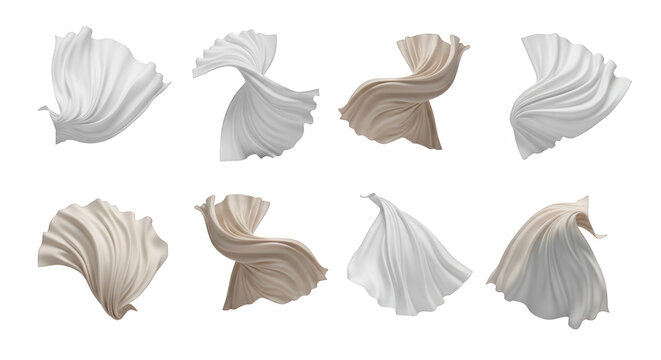 white and beige fabric floating in the air against a pure white background movement and elegant style likely design
