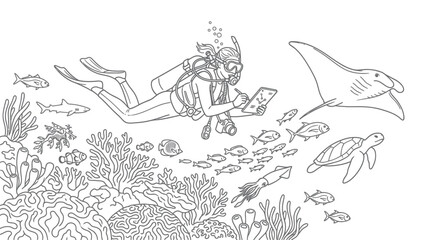 Scuba diver in coral reef with marine life, drawing illustration © angsutnyakinah