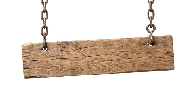 Rustic hanging wooden sign board with metal chains png isolated on transparent background vintage plank decor.