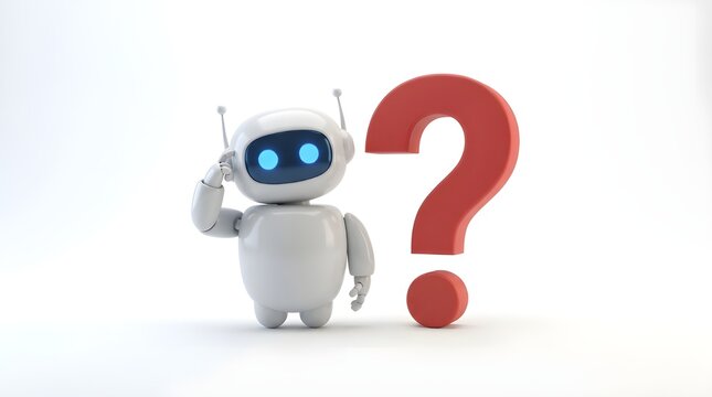 Futuristic white robot with question mark, confused artificial intelligence character, cute android bot thinking about problem on white background