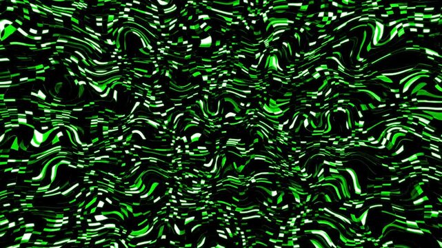Abstract green digital glitch waves moving on black background, futuristic techno seamless loop