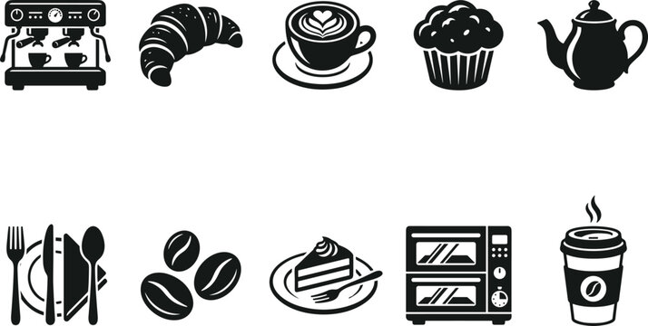 Coffee and bakery black silhouette icons set featuring espresso maker latte art cup croissant muffin oven and takeaway cup vectors