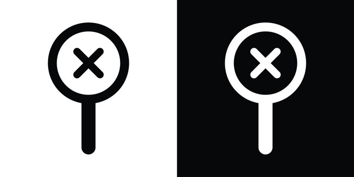 Cross mark location pin icon vector illustration. Map pointer with X symbol isolated on black and white background for canceled destinations, wrong places, or restricted locations.