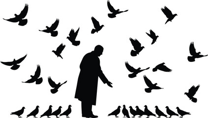 Old man feeding pigeons silhouette set showing senior person surrounded by flying and standing birds vector isolated © MdAbdur