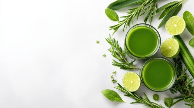 Two green drinks surrounded by fresh herbs and lime slices on a clean white background