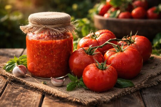 Sun-ripened tomatoes placed beside a jar of pureed tomato mixture