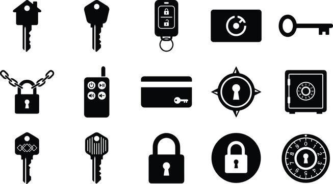 Security and access control icon set featuring house keys locks car remote smart card and safe box vector