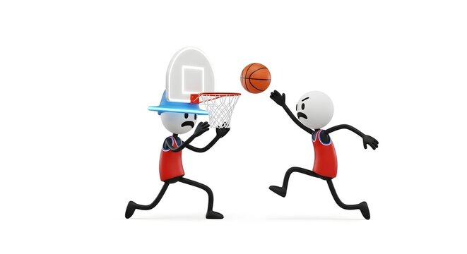 Stick figures playing basketball with hoop on head