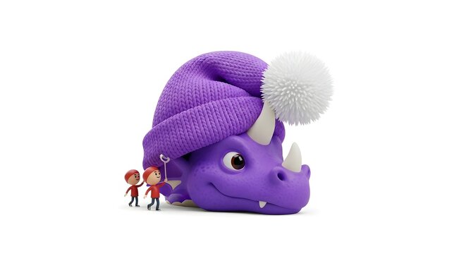 Two tiny figures with huge purple dragon wearing hat