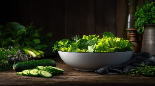 A vibrant bowl of fresh greens and cucumbers, set against a rustic wooden backdrop