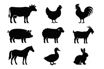 Fototapeta premium Farm Animal Silhouette Vector Illustration Collection Set