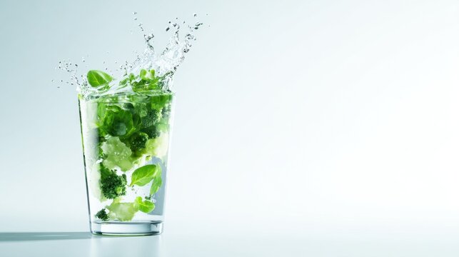 A fresh green mix splashes dramatically in a glass, showcasing vibrant herbs and textures