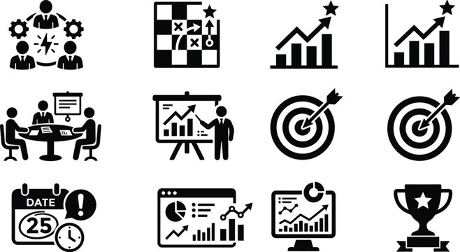 Business planning and corporate marketing black silhouette icons set featuring analytics graph target presentation trophy and meeting vectors