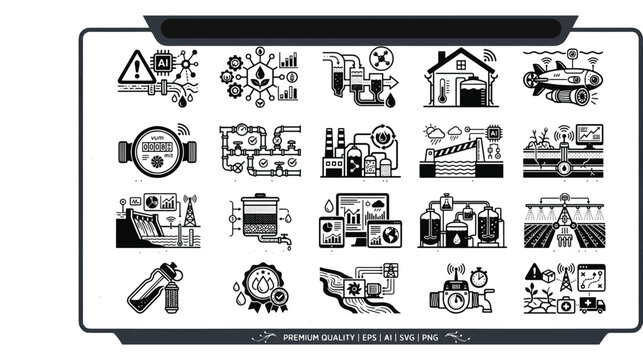 Water Management and Intelligent Utility Automation Vector Icon Set Infographic Elements of AI Pipe Leak Detection, IoT Smart Flow Meters, Water Purification Systems Hydroelectric Power Dams 