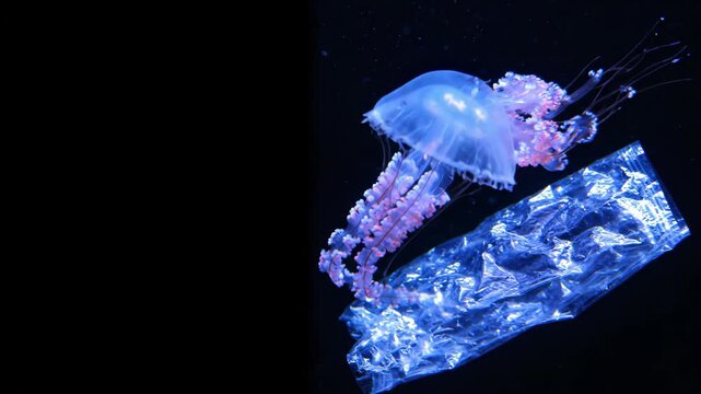 Jellyfish swimming near plastic waste in dark ocean water. Marine life entangled with discarded trash. Environmental pollution and ocean debris impact on nature