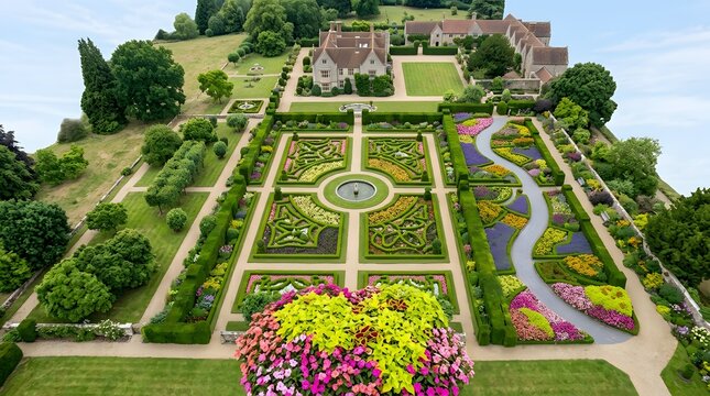 Aerial view of formal french garden with historic manor house