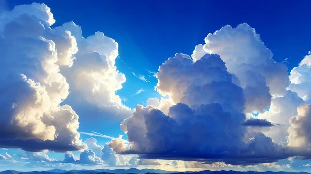 青空いっぱいに広がる白い雲の隙間から太陽光が差し込み壮大な自然の美しさを感じる空風景