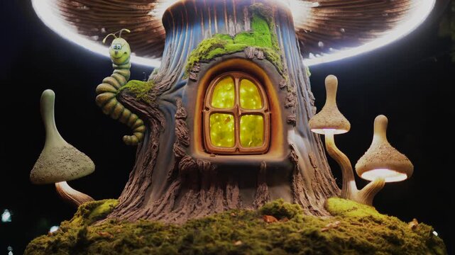 Animated fairytale tree house with glowing windows and smiling caterpillar moving slowly in enchanted forest setting.