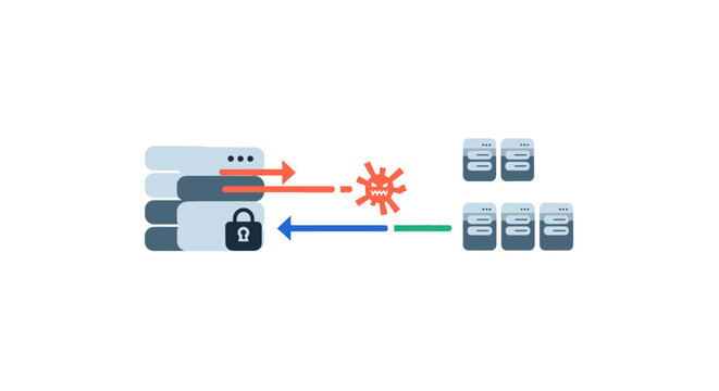 Cybersecurity Concept Illustration with Secure Server, Virus Malware Attack, and Protected Data Transfer Infrastructure
