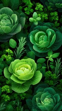 A vibrant arrangement of green cabbages and surrounding foliage on a dark background