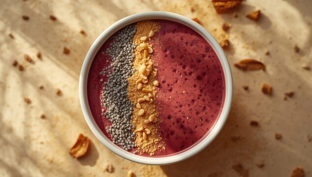 Acai breakfast bowl full of nutrients with chia seeds bee pollen and maca powder viewed from above with copy space